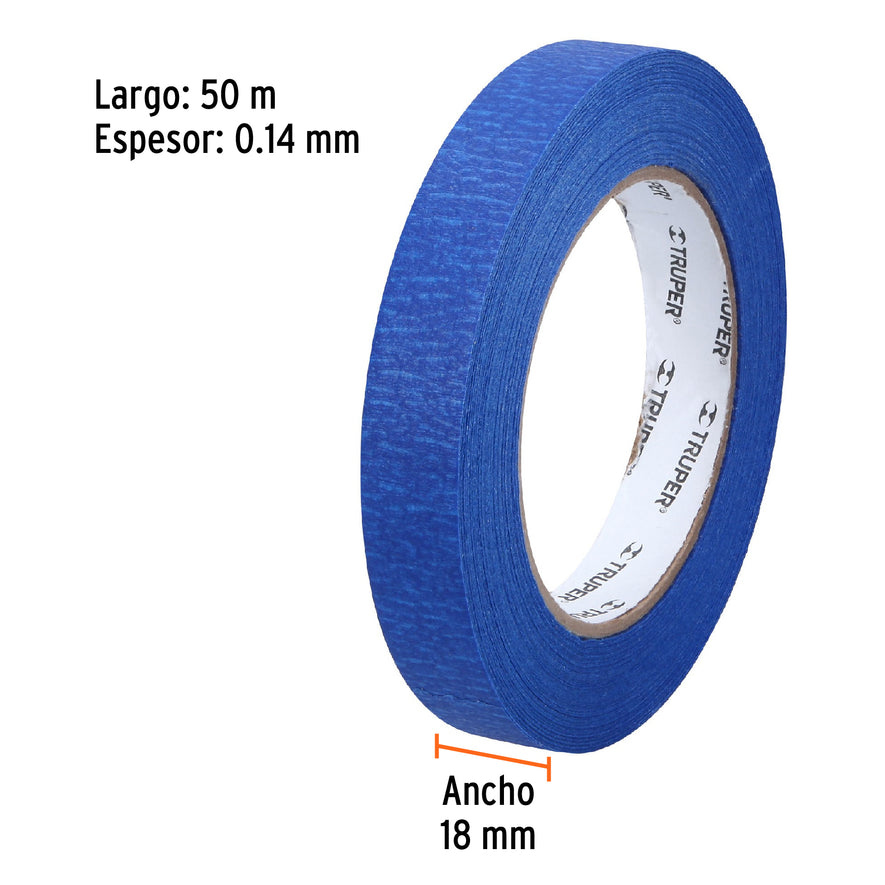 Cinta masking tape azul de 3/4' x 50 m para pintor, Truper Caja con 6, 12621