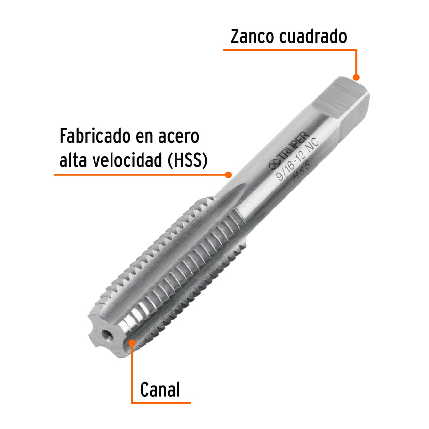 Machuelo semicónico 9/16'x12 UNC, estuche individual, Truper, 11421