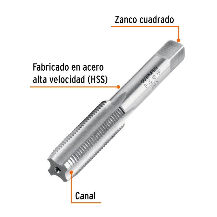 Machuelo semicónico 9/16'x18 UNF, estuche individual, Truper, 11422