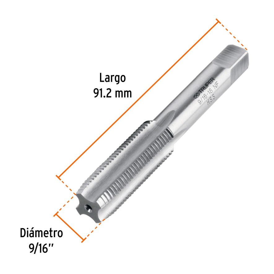Machuelo semicónico 9/16'x18 UNF, estuche individual, Truper, 11422