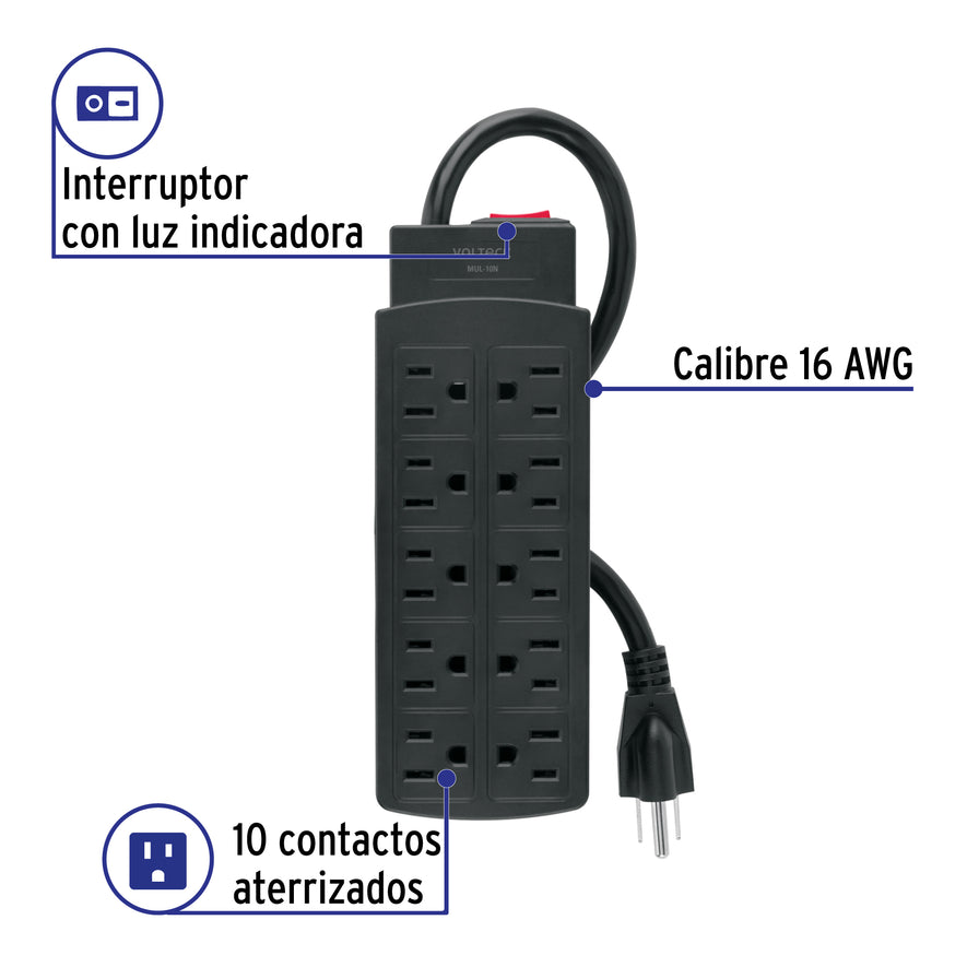 Multicontacto de uso rudo con 10 entradas, negro, VOLTECK Caja con 6, 49533