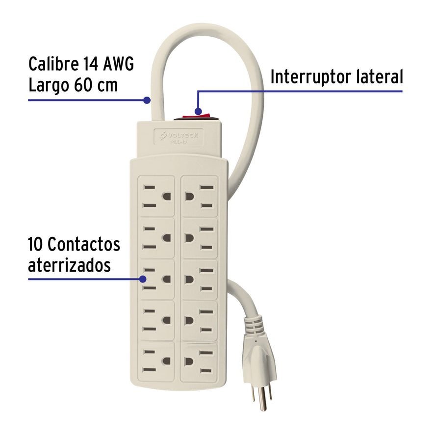 Multicontacto 14 AWG uso rudo con 10 entradas, Volteck Caja con 6, 47234