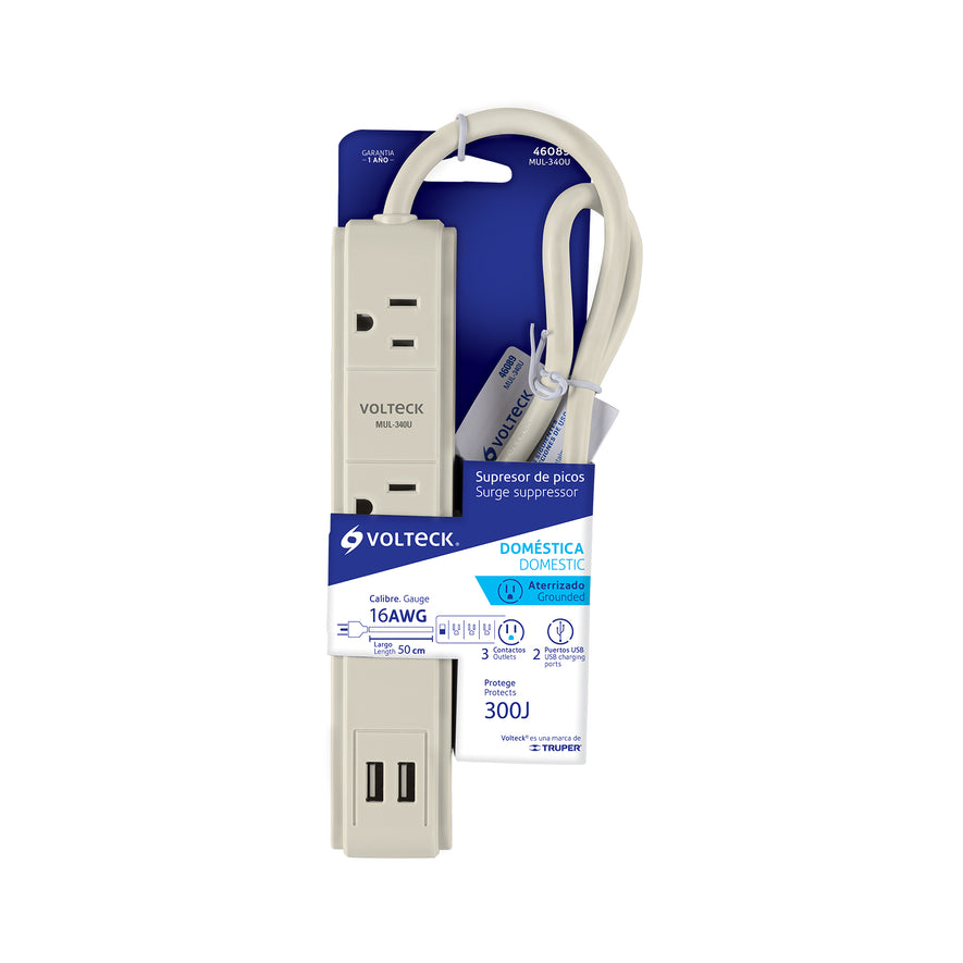 Multicontacto 16 AWG 3 entradas 2 puertos USB supresor 300 J Caja con 4, 46089