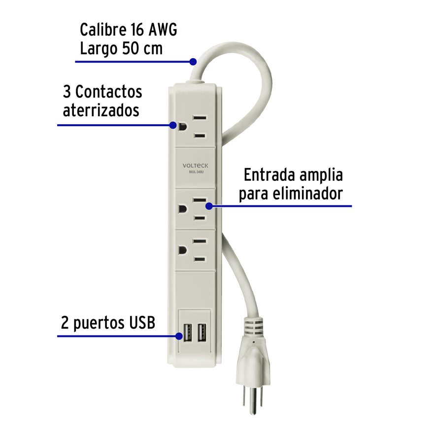 Multicontacto 16 AWG 3 entradas 2 puertos USB supresor 300 J Caja con 4, 46089