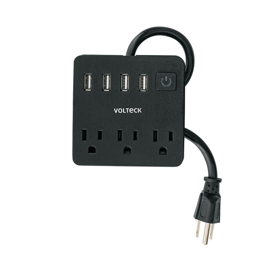Multicontacto 16 AWG doméstico, 3 entradas 4 ptos USB, negro Caja con 2, 49321