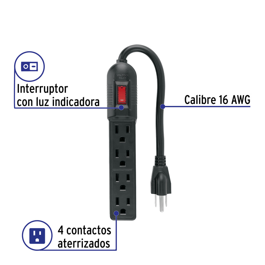 Multicontacto económico 4 entradas, negro, VOLTECK Caja con 6, 49543
