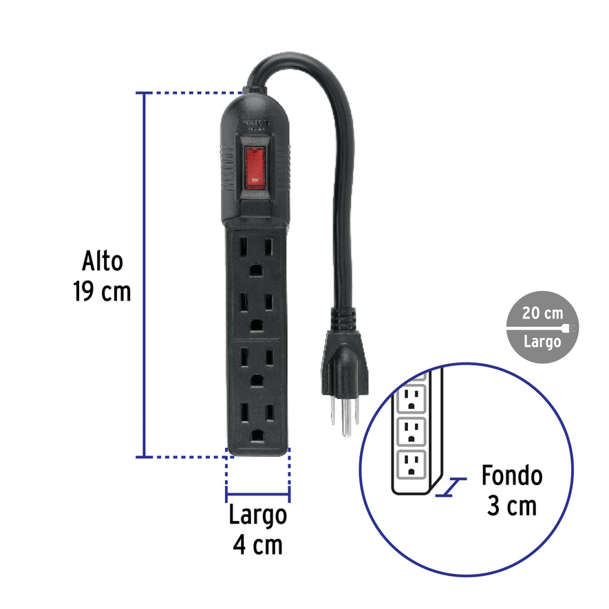Multicontacto económico 4 entradas, negro, VOLTECK Caja con 6, 49543