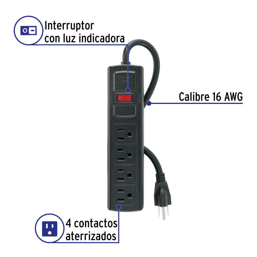 Multicontacto doméstico con 4 entradas, negro, VOLTECK Caja con 6, 48539