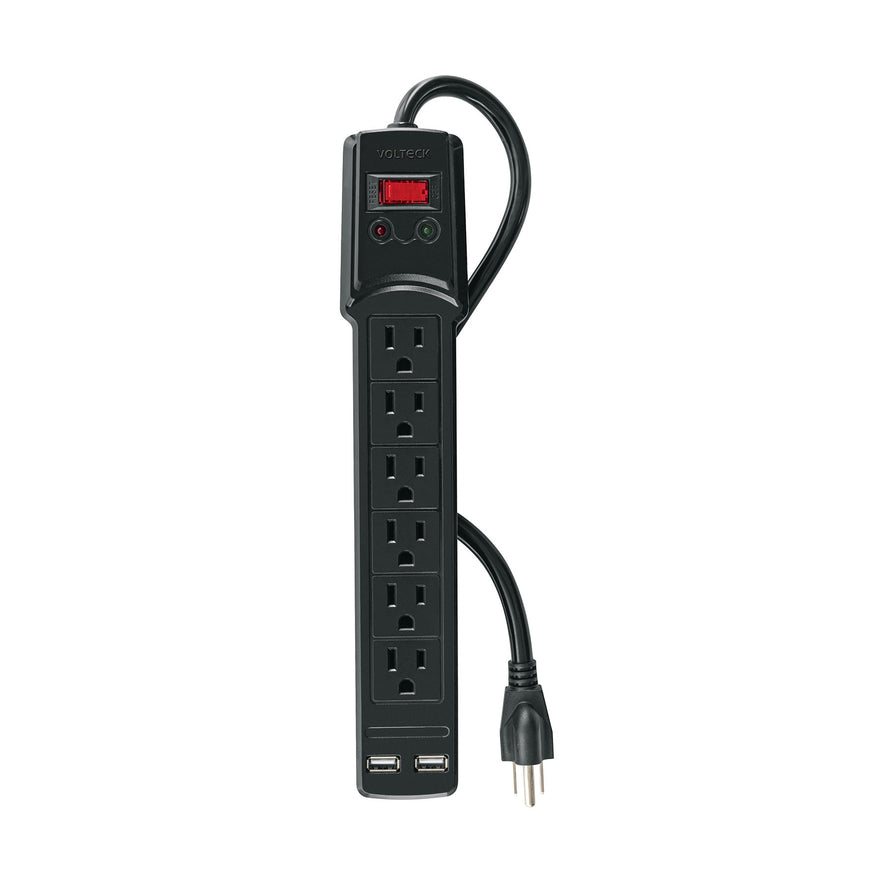 Multicontacto 16 AWG 6 entradas 2 ptos. USB sup. 150J, negro Caja con 4, 46328