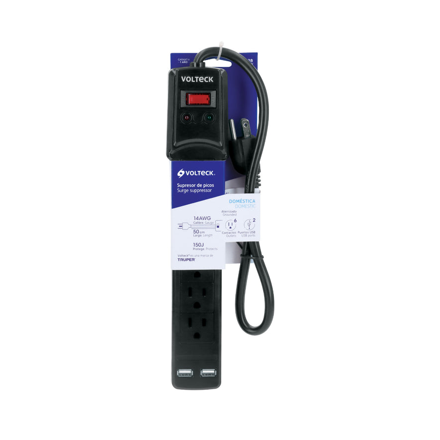 Multicontacto 16 AWG 6 entradas 2 ptos. USB sup. 150J, negro Caja con 4, 46328