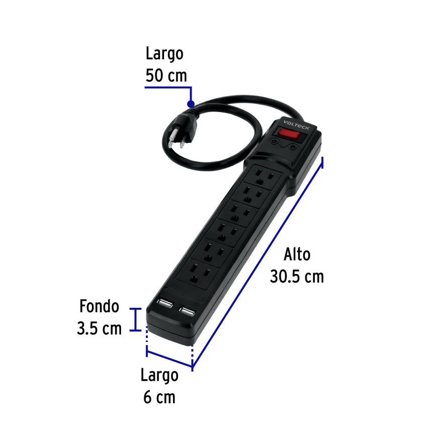 Multicontacto 16 AWG 6 entradas 2 ptos. USB sup. 150J, negro Caja con 4, 46328