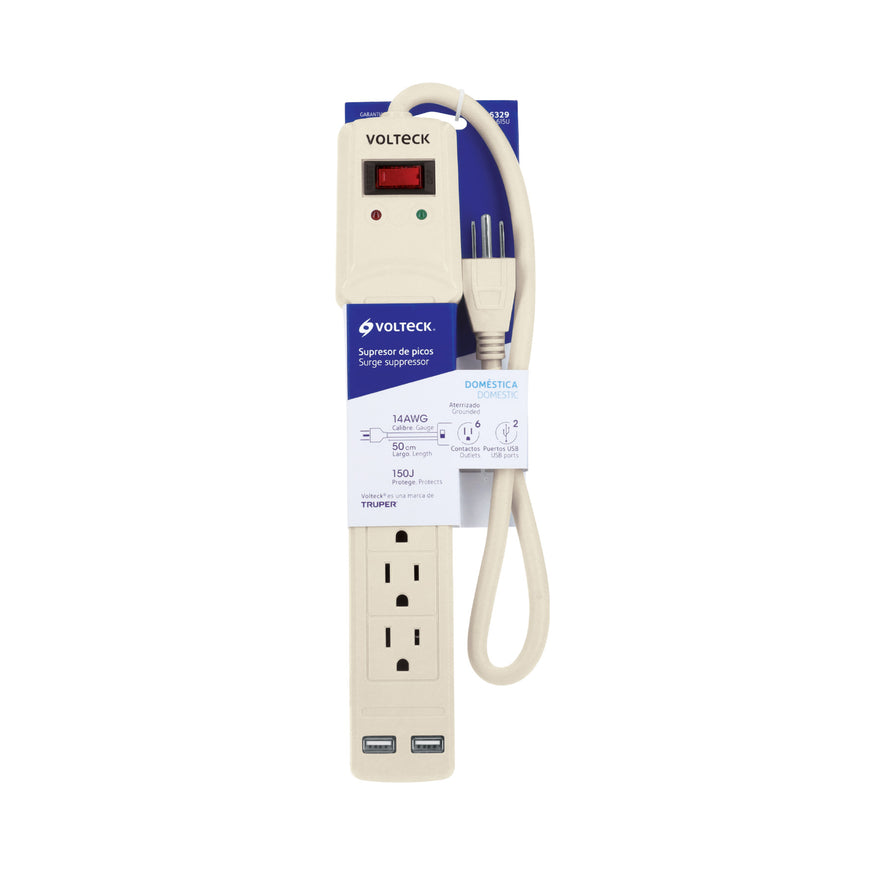 Multicontacto 16 AWG 6 entradas 2 ptos. USB sup. 150J marfil Caja con 4, 46329