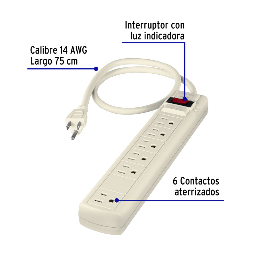 Multicontacto 14 AWG 6 entradas supresor de picos 270 joules Caja con 6, 47183