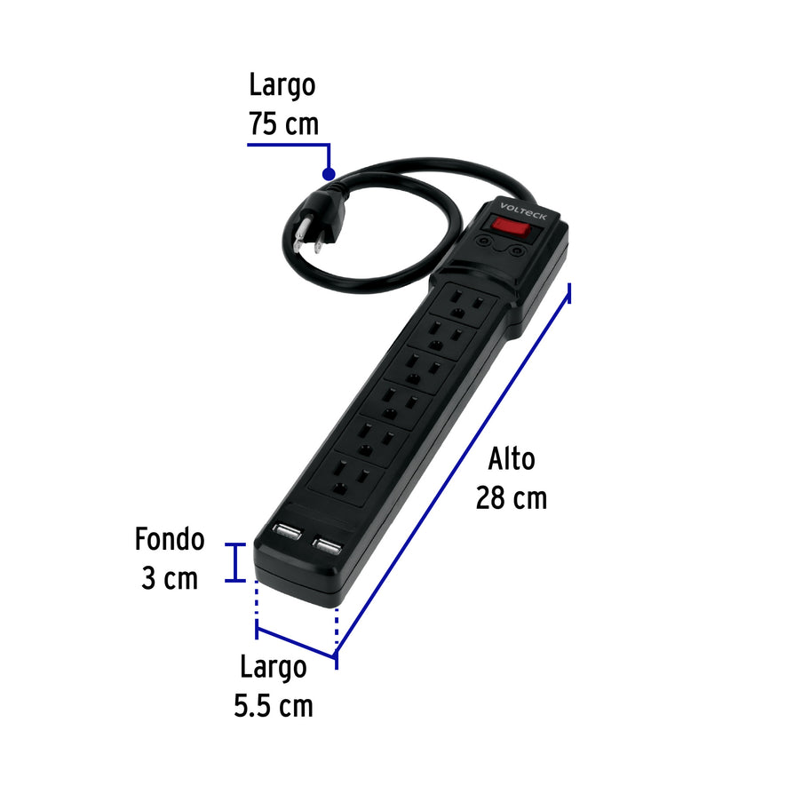 Multicontacto 14 AWG 6 ent., sup. de picos 450 joules, negro Caja con 6, 47804