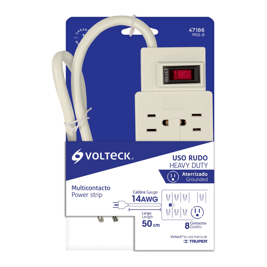 Multicontacto 14 AWG uso rudo con 8 entradas, Volteck Caja con 6, 47186