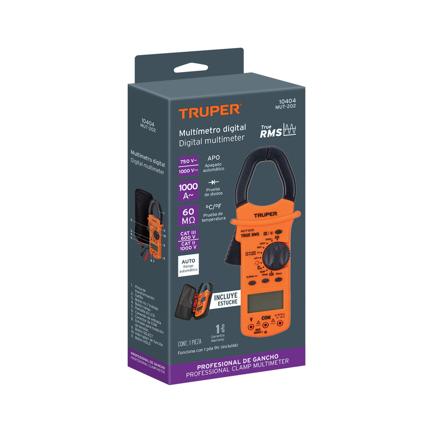 Multímetro para mantenimiento industrial con gancho, Truper, 10404