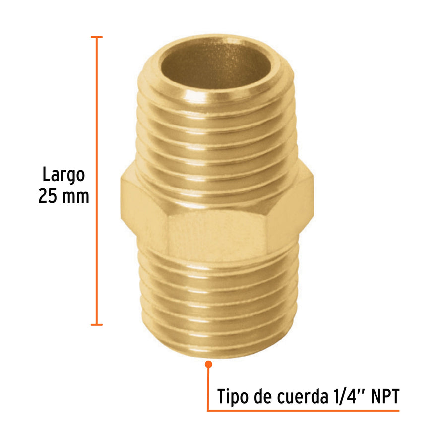 Niple macho-macho de latón, cuerda 1/4' NPT, Truper Caja con 6, 19024