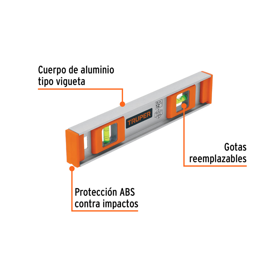 Nivel profesional de 12' con protección de ABS, Truper Caja con 3, 17030