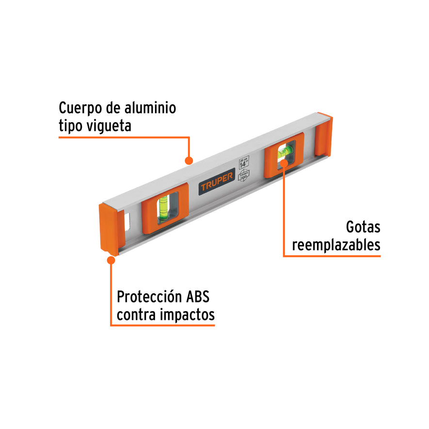 Nivel profesional de 14' con protección de ABS, Truper Caja con 3, 17032