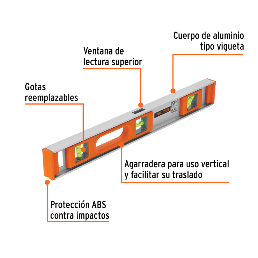 Nivel profesional de 18' con protección de ABS, Truper Caja con 3, 17034