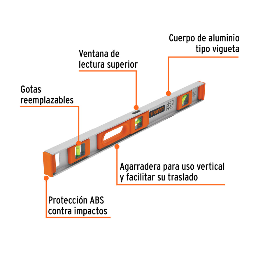 Nivel profesional de 24' con protección de ABS, Truper Caja con 3, 17036
