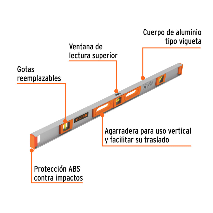 Nivel profesional de 36' con protección de ABS, Truper Caja con 3, 17038
