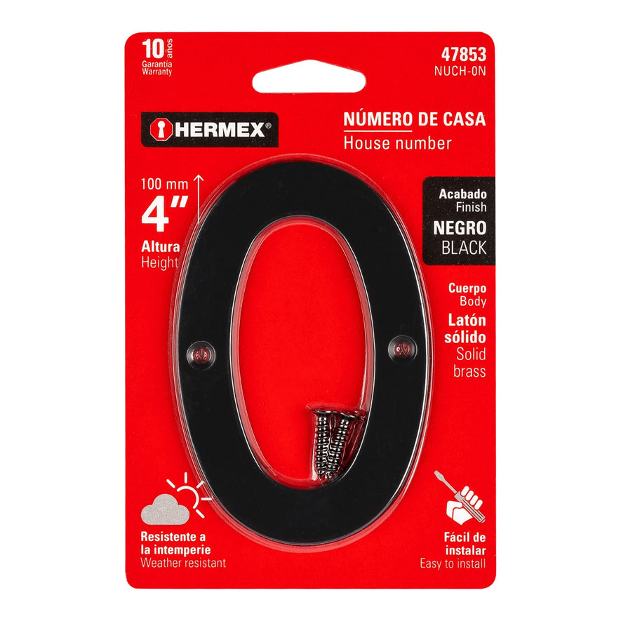 Número 0 de latón sólido 4', negro, Hermex Caja con 6, 47853