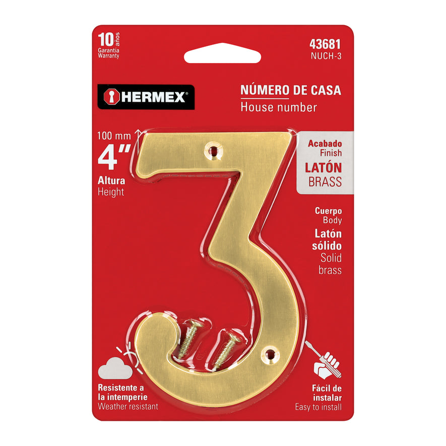 Número 3 de latón sólido 4', Hermex Caja con 6, 43681