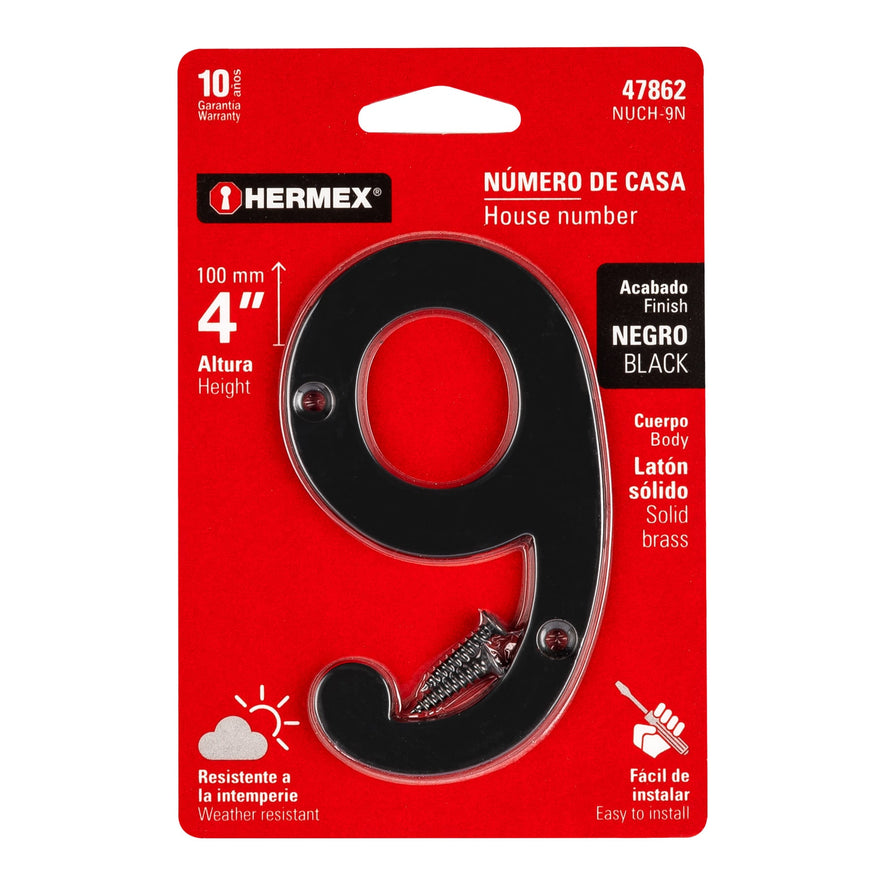 Número 9 de latón sólido 4', negro, Hermex Caja con 6, 47862