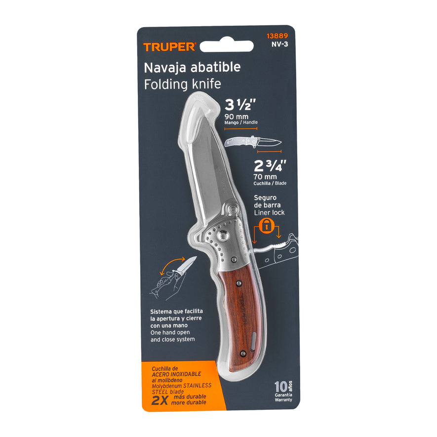 Navaja abatible 3-1/2' mango de madera, Truper Caja con 3, 13889