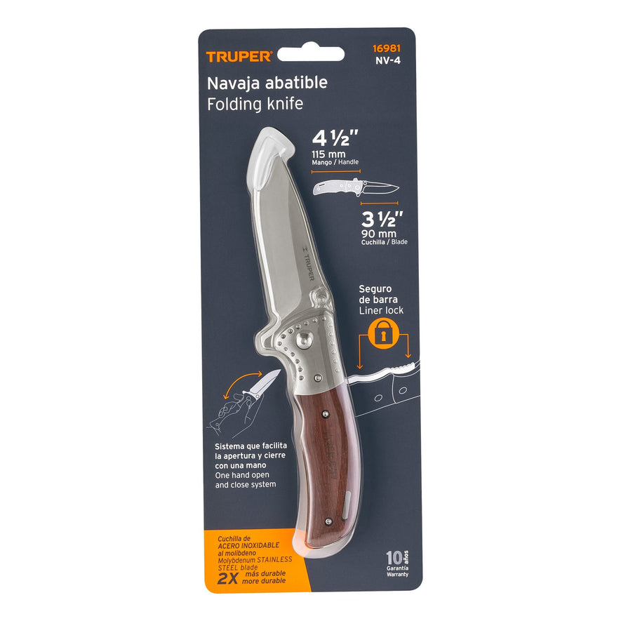 Navaja abatible 4-1/2' mango de madera, Truper Caja con 3, 16981