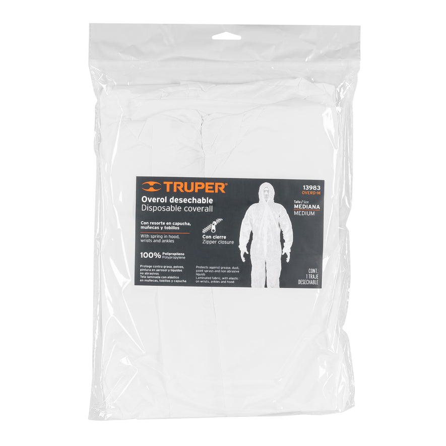 Overol desechable, talla M, Truper Caja con 5, 13983
