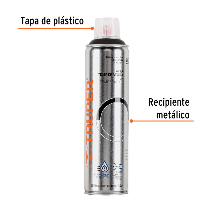 Pintura en aerosol alta temp. bote esbelto, negro, 400 ml Caja con 4, 18070
