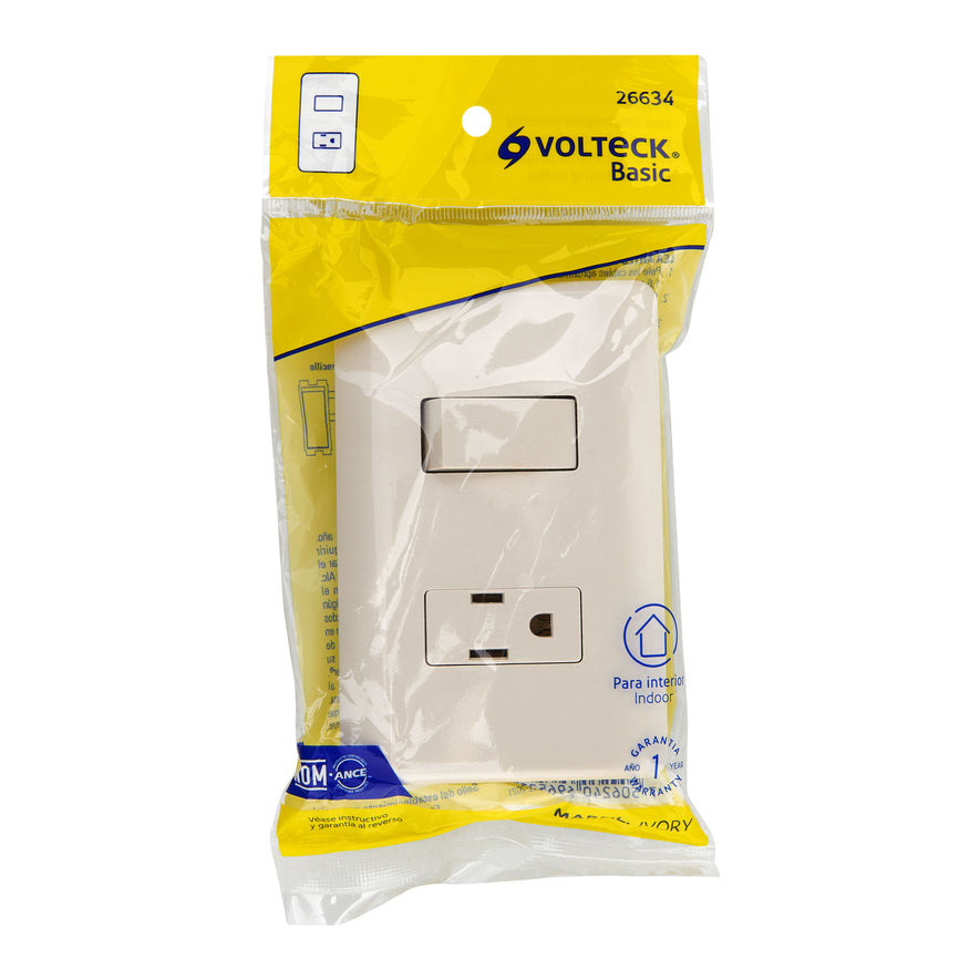 Placa armada interruptor y contacto, marfil, Volteck Caja con 10, 26634