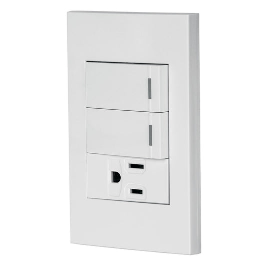 Placa armada 2 interruptores,1 contacto,1mod,Española,blanco Caja con 3, 45597