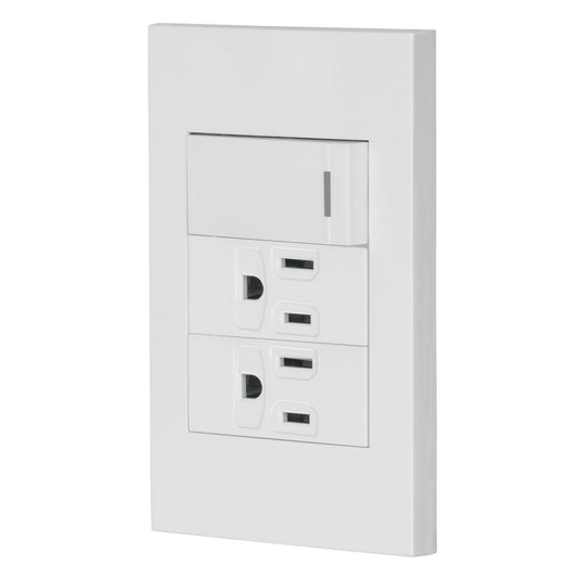 Placa armada 1 interruptor, 2 contactos,1mod,Española,blanco Caja con 3, 45594