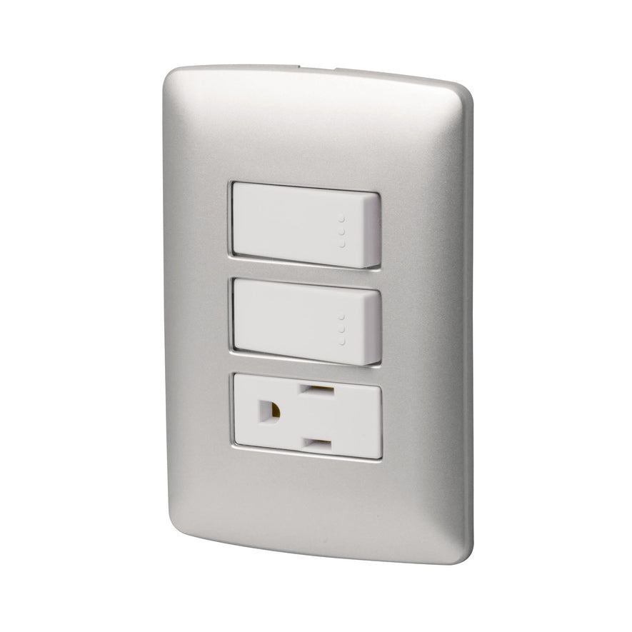 Placa armada contacto 2 interruptores, plata, línea Italiana Caja con 3, 46474