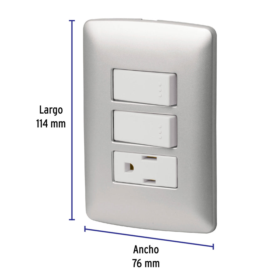 Placa armada contacto 2 interruptores, plata, línea Italiana Caja con 3, 46474