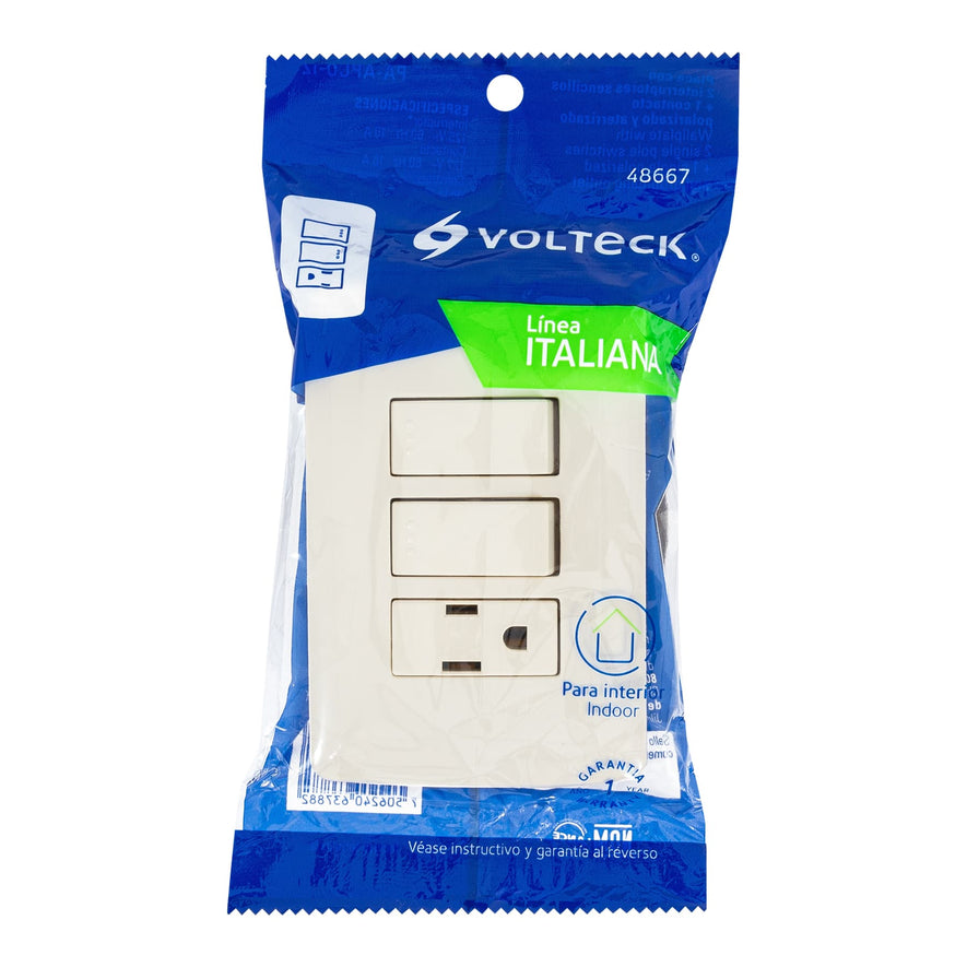 Placa armada contacto 2 interruptores,marfil, línea Italiana Caja con 3, 48667