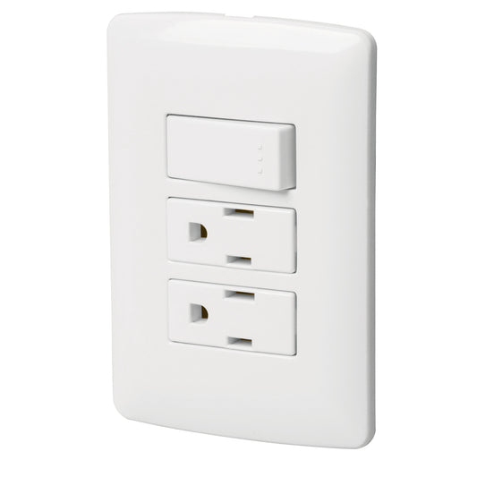 Placa armada 2 contactos e interruptor,blanco,línea Italiana Caja con 6, 46457