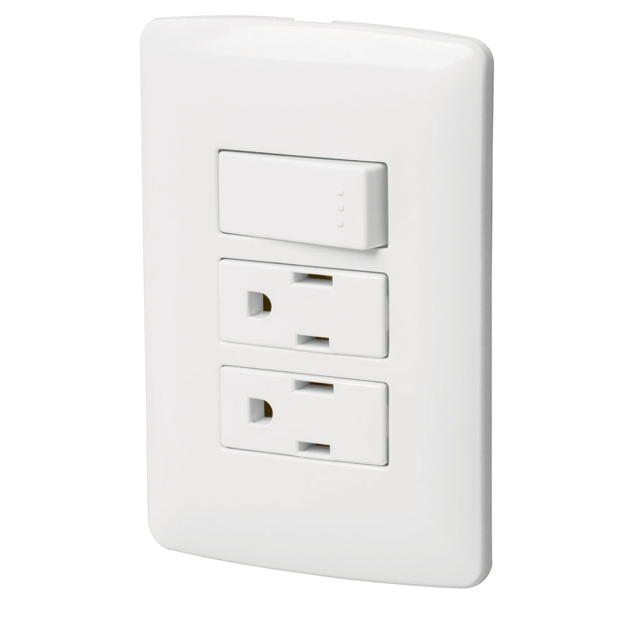 Placa armada 2 contactos e interruptor,blanco,línea Italiana Caja con 6, 46457