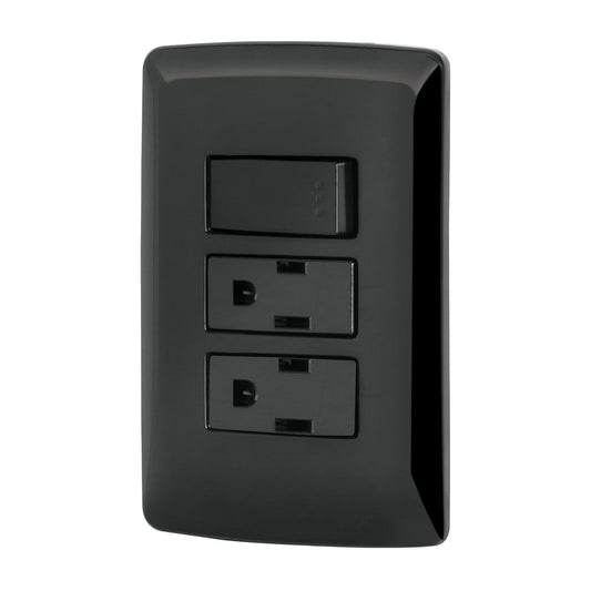 Placa armada 2 contactos e interruptor,negro, línea Italiana Caja con 3, 47593