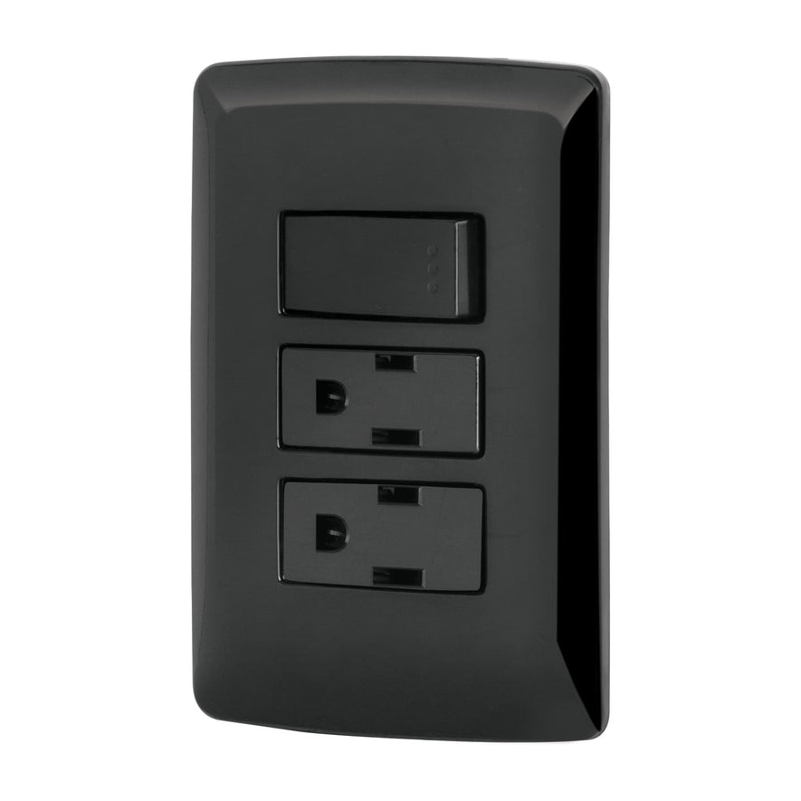 Placa armada 2 contactos e interruptor,negro, línea Italiana Caja con 3, 47593