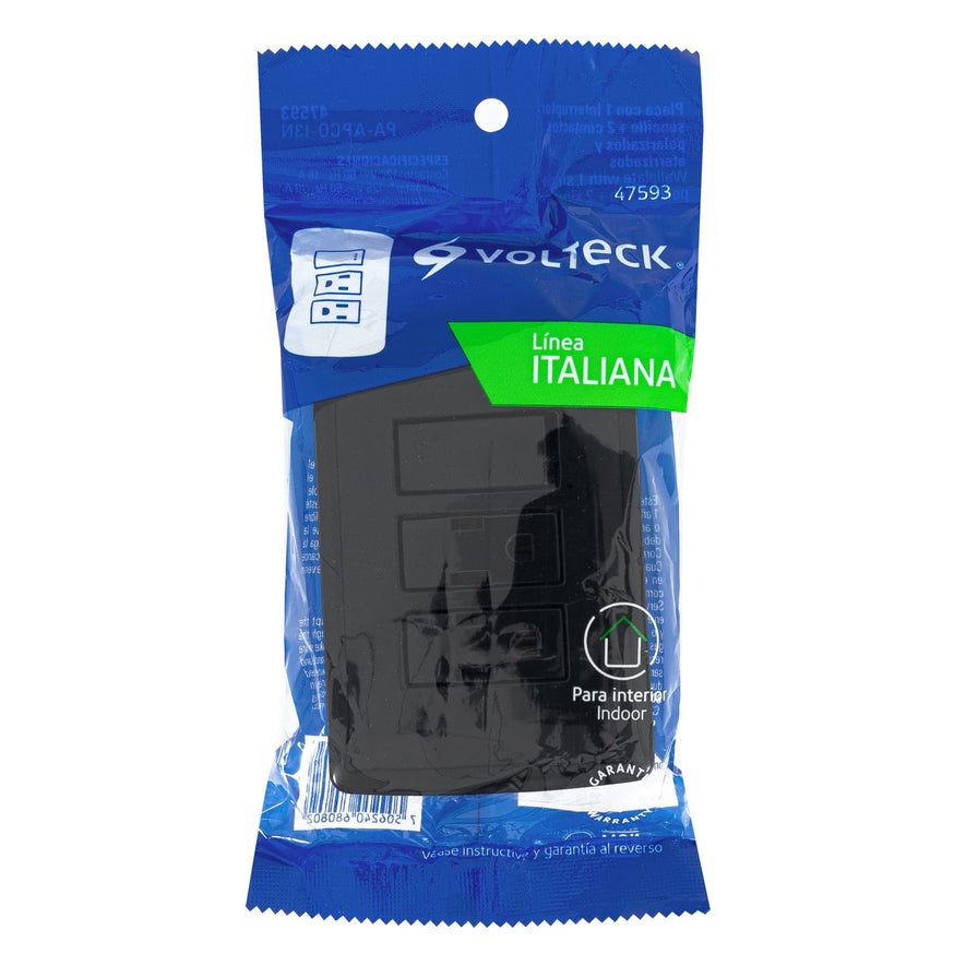 Placa armada 2 contactos e interruptor,negro, línea Italiana Caja con 3, 47593