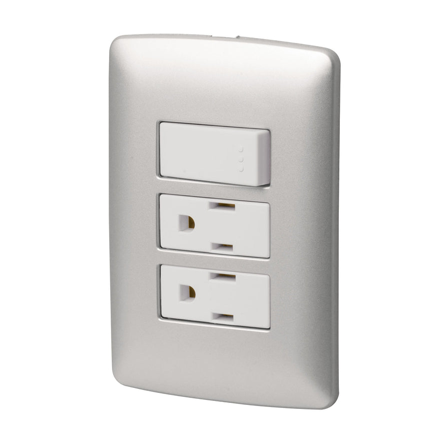 Placa armada 2 contactos e interruptor,plata, línea Italiana Caja con 3, 46475