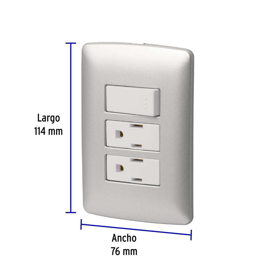 Placa armada 2 contactos e interruptor,plata, línea Italiana Caja con 3, 46475