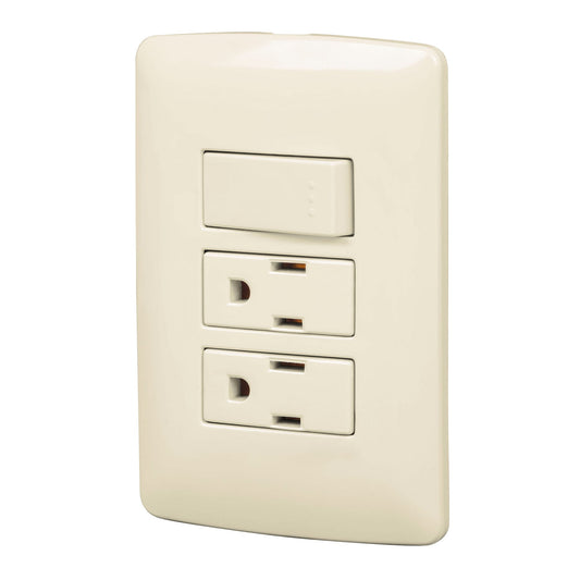 Placa armada 2 contactos e interruptor,marfil,línea Italiana Caja con 6, 48668