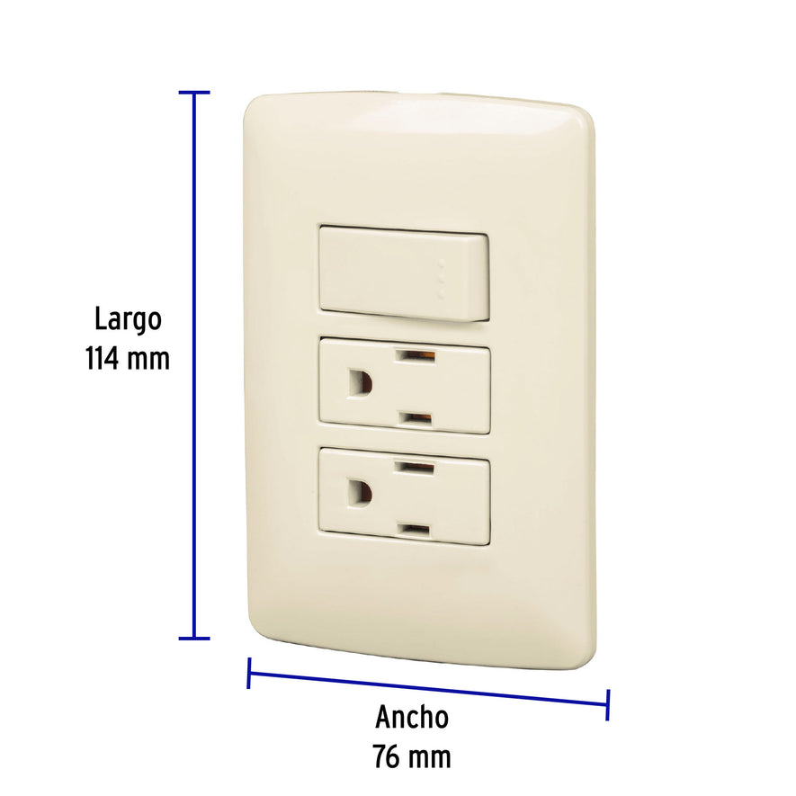 Placa armada 2 contactos e interruptor,marfil,línea Italiana Caja con 6, 48668