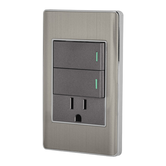 Placa armada acero 2 interruptores y contacto 1 mód,Lisboa Caja con 3, 47847