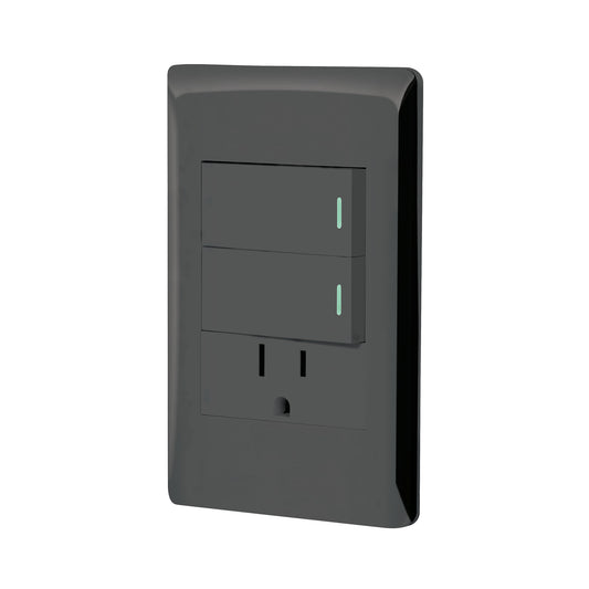Placa armada negra 2 interruptores y contacto 1 mód,Lisboa Caja con 3, 47900